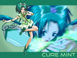 Rule 34 | 00s, 1girl, akimoto komachi, bike shorts, bike shorts under skirt, brooch, butterfly hair ornament, character name, cure mint, fingerless gloves, fuchi minoru, full body, gloves, green background, green eyes, green hair, green shorts, green theme, hair ornament, jewelry, long hair, magical girl, matching hair/eyes, precure, shoes, shorts, shorts under skirt, skirt, solo, twintails, yes! precure 5