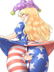 Rule 34 | 1girl, aftersex, ahegao, american flag, american flag dress, american flag legwear, anus, ass, back, blonde hair, blush, bondo, breasts, clothes lift, clownpiece, commentary request, cum, cum in ass, cum in pussy, cum on body, cum on clothes, cum on lower body, cumdrip, dress, dress lift, hat, highres, jester cap, large breasts, long hair, looking up, pantyhose, polka dot headwear, presenting, purple hat, pussy, red eyes, short sleeves, skin tight, solo, striped clothes, striped pantyhose, tears, thick thighs, thighs, tongue, tongue out, torn clothes, torn pantyhose, touhou