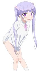 Rule 34 | 1girl, blush, bottomless, clothes pull, flower, hair flower, hair ornament, highres, long hair, looking at viewer, new game!, no panties, open mouth, pink eyes, purple hair, shirt pull, shirt tug, simple background, sincos, solo, standing, suzukaze aoba, thighhighs, third-party edit, twintails, white background