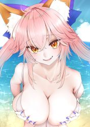 Rule 34 | 1girl, ahoge, beach, bikini, blue ribbon, blush, breast hold, breasts, cleavage, collarbone, fang, fate/extra, fate/grand order, fate (series), hair ribbon, highres, large breasts, looking at viewer, nail polish, ocean, open mouth, outdoors, ribbon, solo, swimsuit, uminosobadashi, white bikini