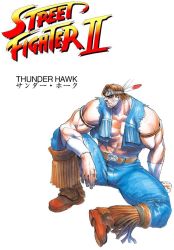 Rule 34 | 1990s (style), 1boy, bengus, capcom, game, jacket, male focus, mexico, muscular, native american, official art, retro artstyle, short hair, simple background, solo, street fighter, street fighter ii (series), thunder hawk, white background