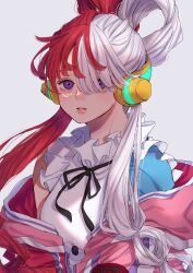 Rule 34 | 1girl, commentary request, dress, eyelashes, frilled dress, frills, hair over one eye, headphones, highres, long hair, looking at viewer, multicolored hair, norimaki (seidan0611), one piece, one piece film: red, parted lips, pink lips, purple eyes, red hair, simple background, solo, teeth, two-tone hair, upper body, uta (one piece), white background, white hair