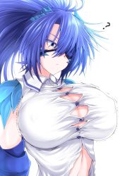 Rule 34 | 1girl, ?, annes (g (genesis1556)), blue eyes, blue hair, breasts, bursting breasts, button gap, closed mouth, dragon girl, eyepatch, g (genesis1556), hair between eyes, highres, huge breasts, long hair, looking down, monster girl, original, ponytail, shirt, simple background, solo, tight clothes, tight shirt, upper body, white background, white shirt