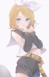 Rule 34 | 1girl, arched back, belt, belt buckle, black sailor collar, black shorts, black sleeves, blonde hair, bow, buckle, closed mouth, collared shirt, cowboy shot, detached sleeves, green eyes, hair bow, hair ornament, hairclip, highres, kagamine rin, long sleeves, looking at viewer, midriff, navel, sailor collar, sailor shirt, shirt, short hair, short shorts, shorts, simple background, sleeveless, sleeveless shirt, solo, standing, stomach, suiri (suiri 02), swept bangs, vocaloid, white background, white bow, white shirt, yellow belt