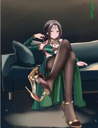 Rule 34 | 1girl, black hair, couch, crossed legs, feet, light blush, long hair, looking at viewer, pantyhose, shoe dangle, smile, soles, suangyue qiuhua, toes, yellow eyes