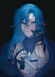 1boy absurdres bandage_on_face bandages black_background blue_eyes blue_hair blue_theme braid commentary crystal_earrings cyberknife dark_persona design_speculation dog_tags dream_smp earrings english_commentary fangs glasses gloves grin hair_between_eyes hands_up highres holding holding_knife humanization jewelry keitsuki_akiho knife long_hair long_sleeves looking_at_viewer male_focus minecraft_youtube partially_fingerless_gloves pointy_ears prototype_design round_eyewear shirt side_braid simple_background single_braid single_earring skin_fangs smile solo upper_body very_long_hair white_shirt