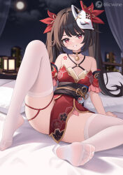 Rule 34 | 1girl, bare shoulders, bell, black choker, black hair, breasts, choker, cleavage, detached sleeves, dress, flower tattoo, fox mask, highres, honkai: star rail, honkai (series), icwine, indoors, long hair, looking at viewer, mask, neck bell, night, on bed, parted lips, pillow, red dress, red eyes, short sleeves, sidelocks, sitting, small breasts, smile, soles, solo, sparkle (honkai: star rail), tattoo, teeth, thighhighs, twintails, white thighhighs
