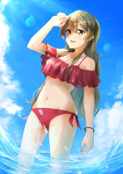 Rule 34 | 1girl, :d, absurdres, anzo (anzu elichi0928), arm up, bare shoulders, bikini, blue sky, bracelet, breasts, brown eyes, brown hair, cleavage, cloud, collarbone, commentary request, cowboy shot, d4dj, day, frilled bikini, frills, groin, hair between eyes, highres, jewelry, light rays, medium breasts, midriff, navel, ocean, open mouth, outdoors, partial commentary, red bikini, shading eyes, side-tie bikini bottom, sidelocks, sky, smile, solo, standing, sunbeam, sunlight, swimsuit, wading, wet, yamate kyouko