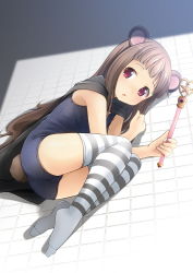 Rule 34 | 1girl, animal ears, ass, bare arms, bear ears, bear girl, bear tail, black cloak, black one-piece swimsuit, blush, brown hair, cloak, commentary request, commission, full body, heart, highres, holding, holding wand, long hair, lying, no shoes, on floor, on side, one-piece swimsuit, original, parted lips, red eyes, shibacha, skeb commission, solo, star (symbol), striped clothes, striped thighhighs, swimsuit, tail, thighhighs, tile floor, tiles, very long hair, wand