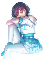 Rule 34 | 1girl, absurdres, arm rest, blue skirt, blush, brown hair, clothing cutout, covered mouth, crossed arms, hair ornament, hairpin, head tilt, highres, higuchi madoka, idolmaster, idolmaster shiny colors, invisible chair, knee up, kneeichigo, layered skirt, looking at viewer, shirt, shoulder cutout, simple background, sitting, skirt, solo, thighhighs, white background, white shirt, white thighhighs