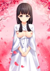 Rule 34 | 10s, 1girl, bad id, bad pixiv id, blunt bangs, blush, breasts, breasts out, brown hair, cherry blossoms, closed mouth, collarbone, daydream (zhdkffk21), eyebrows, hair over shoulder, highres, idolmaster, idolmaster cinderella girls, kobayakawa sae, long hair, long sleeves, looking at viewer, nipples, own hands together, ribbon, robe, shiny skin, sidelocks, smile, solo, standing, tareme, white ribbon, wide sleeves