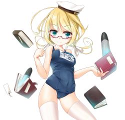 Rule 34 | 10s, 1girl, ahoge, aqua eyes, asahi (ge nyu), blonde hair, blush, book, breasts, covered erect nipples, glasses, hat, highres, i-8 (kancolle), kantai collection, looking at viewer, medium breasts, name tag, one-piece swimsuit, school swimsuit, semi-rimless eyewear, short hair, smile, solo, swimsuit, thighhighs, under-rim eyewear, white background, white thighhighs