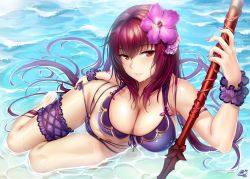 Rule 34 | 1girl, bare shoulders, bikini, breasts, bridal garter, cleavage, collarbone, fate/grand order, fate (series), flower, gae bolg (fate), hair between eyes, hair flower, hair ornament, hand on own hip, highres, hip focus, large breasts, long hair, looking at viewer, lying, nail polish, okitakung, on side, parted lips, pink lips, polearm, purple bikini, purple hair, purple nails, red eyes, scathach (fate), scathach (fate/grand order), scathach (swimsuit assassin) (fate), side-tie bikini bottom, smile, solo, swimsuit, thighs, weapon, wet, wrist cuffs