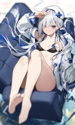 Rule 34 | 1girl, absurdres, amagasa yun, amane kanata, amane kanata (work), bare legs, barefoot, beret, bikini, black bikini, blue hair, colored inner hair, couch, hat, highres, hololive, jacket, long hair, long sleeves, multicolored hair, on couch, open clothes, open jacket, parted lips, solo, swimsuit, very long hair, virtual youtuber, white hair, white hat, white jacket