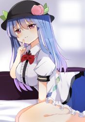 Rule 34 | 1girl, black headwear, blue hair, blue skirt, blurry, blurry background, bow, bowtie, breasts, center frills, closed mouth, collared shirt, finger to mouth, food, frills, fruit, half-closed eyes, hinanawi tenshi, index finger raised, indoors, large breasts, leaf, long hair, looking at viewer, peach, puffy short sleeves, puffy sleeves, red bow, red bowtie, red eyes, seiza, shirt, short sleeves, sitting, skirt, smile, solo, touhou, white shirt, zerokosan