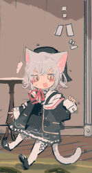 Rule 34 | 1girl, ^^^, absurdres, beret, black dress, black footwear, black hat, black jacket, blush stickers, bow, bow legwear, cat girl, cat tail, commentary request, dress, flipped hair, full body, grey hair, hat, highres, indoors, jacket, kabuyama kaigi, long sleeves, looking at viewer, mary janes, medium hair, midair, no sclera, off shoulder, open mouth, pantyhose, pinafore dress, pinching sleeves, pink eyes, pink ribbon, ribbon, rug, sayo (voicevox), shirt, shoes, sleeveless, sleeveless dress, sleeves past wrists, solo, surprised, sweatdrop, table, tail, translation request, v-shaped eyebrows, voicevox, white bow, white pantyhose, white shirt, wooden floor