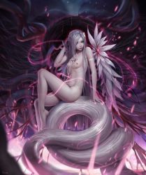 Rule 34 | 1girl, armlet, bad id, bad pixiv id, blurry, blurry background, breasts, closed mouth, cthulhu mythos, flower, green eyes, hair flower, hair ornament, hair over one eye, hand in own hair, highres, lips, long hair, looking at viewer, nipples, nude, original, pale skin, sarena, signature, silver hair, small breasts, solo, tattoo, tentacles