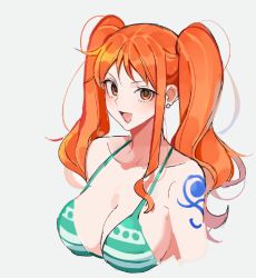 Rule 34 | 1girl, alternate hairstyle, bikini, bikini top only, breasts, cleavage, green bikini, highres, joman, large breasts, looking at viewer, nami (one piece), one piece, open mouth, orange eyes, orange hair, simple background, smile, solo, swimsuit, tattoo, twintails