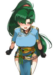Rule 34 | 1girl, absurdres, earrings, embarrassed, closed eyes, fingerless gloves, fire emblem, fire emblem: the blazing blade, gloves, green eyes, green hair, highres, jewelry, long hair, lyn (fire emblem), nintendo, open mouth, ormille, ponytail, side slit