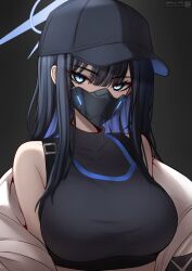 Rule 34 | 1girl, absurdres, baseball cap, black hair, blue archive, blue eyes, blue halo, breasts, coat, crop top, grey background, halo, hat, highres, large breasts, long hair, mask, mikhail n, mouth mask, saori (blue archive), twitter username, white coat