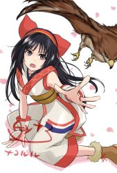 Rule 34 | 1girl, ainu clothes, arm support, artist name, black hair, breasts, fingerless gloves, gloves, grey eyes, hair ribbon, highres, legs, mamahaha, nakoruru, open mouth, pants, ribbon, samurai spirits, sitting, small breasts, snk, the king of fighters, the king of fighters xv, thighs