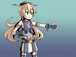 Rule 34 | 10s, 1girl, alternate breast size, belt, blonde hair, blue eyes, clenched hand, flat chest, front-tie top, garter straps, gloves, gradient background, headgear, iowa (kancolle), kantai collection, long hair, multicolored clothes, multicolored gloves, sixten, skirt, smile, solo, star-shaped pupils, star (symbol), striped clothes, striped skirt, symbol-shaped pupils, thighhighs