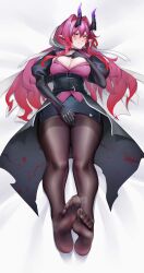 Rule 34 | 1girl, absurdres, arknights, ascalon (arknights), belt, black gloves, black pantyhose, blush, breasts, choker, cleavage, covering crotch, covering privates, facial mark, gins, gloves, highres, horns, large breasts, long hair, looking at viewer, lying, on back, paid reward available, pantyhose, pencil skirt, pointy ears, puffy sleeves, purple hair, skirt, solo, teardrop facial mark, thighband pantyhose, variant set, yellow eyes