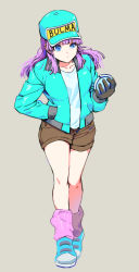 Rule 34 | 1girl, aqua footwear, aqua hat, aqua jacket, bad id, bad pixiv id, bare legs, baseball cap, black gloves, blue eyes, blunt bangs, boots, breasts, brown shorts, bulma, character name, closed mouth, clothes writing, collarbone, dragon ball, dragon ball (classic), dragon radar, frown, full body, gloves, grey background, hand in pocket, hat, holding, jacket, leather, leather jacket, leg warmers, libeuo (liveolivel), long hair, looking away, medium breasts, open clothes, open jacket, pink legwear, purple hair, pursed lips, shaded face, shirt, shorts, sidelocks, simple background, solo, standing, v-shaped eyebrows, walking, white shirt