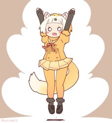 Rule 34 | 1girl, animal ears, arms up, blonde hair, bow, bowtie, coroha, elbow gloves, extra ears, fingerless gloves, full body, gloves, grey background, jacket, japanese marten (kemono friends), jumping, kemono friends, kemono friends 3, looking at viewer, pantyhose, sailor collar, shoes, short hair, simple background, skirt, socks, solo, tail