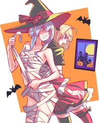 2girls ahoge anjuro_zeeku asymmetrical_legwear bandages bare_arms bat_(animal) black_hat black_thighhighs blonde_hair blue_hair breasts commentary fangs green_eyes hat highres hikikomari_kyuuketsuki_no_monmon jack-o&#039;-lantern medium_breasts mismatched_legwear multiple_girls mummy_costume naked_bandage open_mouth orange_background pink_skirt pink_thighhighs pointy_ears red_eyes skirt smile terakomari_gandezblood thighhighs two-tone_background vampire villhaze white_background witch_hat yuri