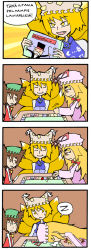 Rule 34 | 3girls, 4koma, :&lt;, animal ears, board game, cat ears, cat girl, cat tail, chen, comic, dice, drooling, fang, female focus, finnish text, fox tail, hair ribbon, hands in opposite sleeves, hat, monopoly, multiple girls, multiple tails, namco, non-web source, open mouth, pac-man, pac-man (game), red ribbon, ribbon, saliva, setz, sleeping, speech bubble, tail, touhou, translated, truth, yakumo ran, yakumo yukari, yellow eyes, zzz