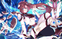 Rule 34 | 1girl, altheavin, armor, blue eyes, bracelet, breasts, brown hair, closed mouth, crossed legs, fingerless gloves, floating hair, gloves, greaves, highres, jacket, jewelry, labyrista, large breasts, long hair, looking at viewer, medium breasts, midriff, navel, ponytail, princess connect!, shoulder armor, sitting, smile, solo, sword, underboob, weapon