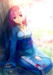 Rule 34 | absurdres, against tree, arm at side, baozishark, blood, blood on clothes, bloody knife, blue kimono, breasts, cuts, day, death, hair between eyes, hand on lap, highres, injury, japanese clothes, kimono, knife, long sleeves, looking at viewer, medium breasts, medium hair, obi, outdoors, petals, pink eyes, pink hair, saigyouji yuyuko, saigyouji yuyuko (living), sash, seiza, short hair, sitting, slit throat, smile, solo, suicide, touhou, tree