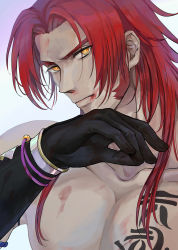 Rule 34 | 1boy, absurdres, armband, blood, bracelet, chest tattoo, collarbone, elbow gloves, furrowed brow, gloves, hair behind ear, hand up, highres, jewelry, long bangs, long sideburns, looking at viewer, male focus, multiple bracelets, parted bangs, pectorals, red hair, serious, shitakawa, short hair with long locks, sideburns, sidelocks, simple background, smeared blood, solo, tattoo, thick eyebrows, tonbokiri (touken ranbu), topless male, touken ranbu, upper body, white background