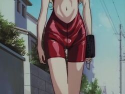 1990s_(style) 1girl animated anime_screenshot blonde_hair bodysuit bouncing_breasts breast_focus breasts breasts_apart center_opening cleavage clothing_cutout collarbone covered_erect_nipples golden_boy large_breasts lips lipstick long_hair looking_at_viewer makeup navel no_bra onna_shachou red_bodysuit red_eyes retro_artstyle sleeveless sound stomach subtitled sunglasses tagme thighs tight_clothes video wavy_hair