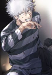 Rule 34 | 2boys, blood, blood on clothes, blood on face, collar grab, gintama, grin, highres, long sleeves, looking at viewer, male focus, multiple boys, pants, prison clothes, red eyes, rf69, sakata gintoki, shirt, short hair, smile, solo focus, striped clothes, striped shirt, white hair