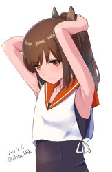 Rule 34 | 1girl, black one-piece swimsuit, brown eyes, brown hair, celestea tera, dated, flat chest, hair ornament, highres, i-401 (kancolle), kantai collection, long hair, one-hour drawing challenge, one-piece swimsuit, orange sailor collar, ponytail, sailor collar, school swimsuit, shirt, side-tie shirt, simple background, sleeveless, sleeveless shirt, solo, swimsuit, swimsuit under clothes, twitter username, upper body, white background