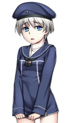 Rule 34 | 10s, 1girl, beret, blue eyes, blush, breasts, clothes writing, dress, dress tug, h kasei, hat, kantai collection, looking at viewer, open mouth, sailor dress, sailor hat, short hair, silver hair, small breasts, solo, z1 leberecht maass (kancolle)