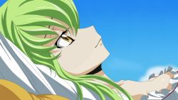 Rule 34 | 17ch, 1girl, arms up, breasts, c.c., cloud, code geass, day, female focus, gradient background, green hair, long hair, lying, medium breasts, sky, solo
