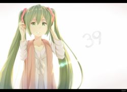 Rule 34 | 1girl, 39, green eyes, green hair, hatsune miku, hews, highres, letterboxed, long hair, matching hair/eyes, solo, twintails, vocaloid, white background