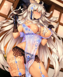 Rule 34 | 1girl, ahoge, architecture, artoria pendragon (lancer alter) (fate), artoria pendragon (lancer alter) (royal icing) (fate), black bow, black gloves, black panties, black thighhighs, blush, body writing, bow, breasts, choker, cosplay, dark-skinned female, dark skin, east asian architecture, fate/grand order, fate (series), garter belt, gloves, hair bow, hatori mia, highres, indoors, large breasts, lingerie, long hair, looking at viewer, moon, navel, nipple slip, nipples, nose blush, official alternate costume, okita souji (fate), okita souji alter (fate), panties, revealing clothes, see-through, solo, thighhighs, underwear, white hair, yellow eyes