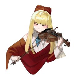 Rule 34 | 1girl, :3, biretta, blonde hair, blunt bangs, bow (music), cardinal armand, closed eyes, commentary, cropped torso, hat, holding, holding bow (music), holding instrument, instrument, last origin, long hair, long sleeves, mel (dodosae), music, playing instrument, red hat, simple background, solo, symbol-only commentary, upper body, violin, white background