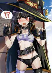 Rule 34 | :o, bandaged leg, bandages, belt, belt buckle, black belt, black cape, black choker, black gloves, black hair, black hat, black panties, black thighhighs, blush, breasts, buckle, cape, choker, cloud, collarbone, cowboy shot, curled fingers, embarrassed, exhibitionism, eyelashes, fingerless gloves, gloves, hair between eyes, hands up, hat, highres, kono subarashii sekai ni shukufuku wo!, lace, lace panties, looking ahead, manekinekoppoi inu, megumin, nervous, no dress, open mouth, panties, public indecency, raised eyebrows, red eyes, sarashi, short hair, short hair with long locks, single thighhigh, sky, small breasts, solo, speech bubble, spoken symbol, surprised, thighhighs, underwear, witch hat, wooden wall, zettai ryouiki