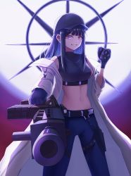 Rule 34 | 1girl, absurdres, bare shoulders, baseball cap, belt, black belt, black gloves, black hat, black pants, black shirt, blue archive, blue hair, blunt bangs, breasts, coat, commentary request, cowboy shot, crop top, foreshortening, gloves, grin, gun, hand up, hat, highres, holding, holding gun, holding mask, holding weapon, leggings, long hair, long sleeves, looking at viewer, mask, medium breasts, midriff, navel, off shoulder, open clothes, open coat, pants, pittz, purple eyes, saori (blue archive), shirt, sleeveless, sleeveless shirt, smile, solo, standing, stomach, weapon, white coat