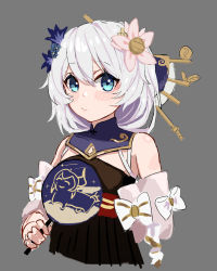 Rule 34 | 1girl, absurdres, bare shoulders, blue eyes, blush, china dress, chinese clothes, closed mouth, dress, flower, grey background, hair between eyes, hair flower, hair ornament, hand fan, highres, holding, honkai (series), honkai impact 3rd, looking at viewer, myomu, pink flower, simple background, solo, theresa apocalypse, zhuge kongming (honkai impact), white hair, zhuge kongming (honkai impact)