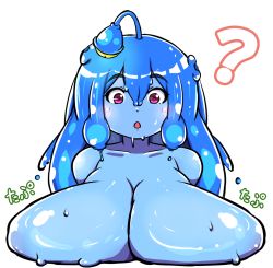 Rule 34 | 1girl, :o, ?, blue hair, blue skin, blue theme, breasts, collarbone, colored skin, female focus, huge breasts, issun (yukariaissun), long hair, monster girl, nude, original, purple eyes, sagging breasts, simple background, slime girl, solo, upper body, white background