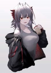 Rule 34 | 1girl, ahoge, aizawa masaya, arknights, ass, breasts, bubble tea, cup, demon horns, hair between eyes, highres, holding, holding cup, horns, looking at viewer, medium breasts, open mouth, red eyes, short hair, simple background, smile, strap, sweater, undressing, upper body, w (arknights), white hair