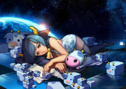 Rule 34 | 1girl, animal, animal ears, animal print, bell, black thighhighs, blue eyes, blue hair, caesty, chibi, cleavage cutout, clothing cutout, collar, cow ears, cow horns, cow print, cowbell, cube, earth (planet), horns, lens flare, long hair, looking at viewer, lying, neck bell, on side, original, planet, sleeveless, smile, source request, space, thighhighs, watermark, web address
