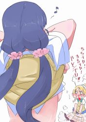 Rule 34 | 10s, 2girls, ayase eli, backboob, blonde hair, blood, breasts, clothes lift, flying sweatdrops, hair ornament, hair scrunchie, large breasts, lifting own clothes, long hair, looking at breasts, love live!, love live! school idol project, motion blur, motion lines, multiple girls, musical note, nosebleed, otonokizaka school uniform, ponytail, purple hair, repunit, school uniform, scrunchie, shirt lift, simple background, standing, tojo nozomi, translation request, twintails, white background, yuri