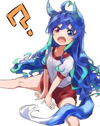 Rule 34 | 1girl, ?, @ @, ahoge, alternate hairstyle, animal ears, arm support, blue eyes, blue hair, blush, commentary request, feet out of frame, gym shirt, gym shorts, hakoneko (marisa19899200), heterochromia, highres, horse ears, horse girl, horse tail, long hair, looking at viewer, open mouth, purple eyes, red shorts, sharp teeth, shirt, short sleeves, shorts, simple background, sitting, solo, spread legs, tail, teeth, twin turbo (umamusume), umamusume, v arms, white background, white shirt
